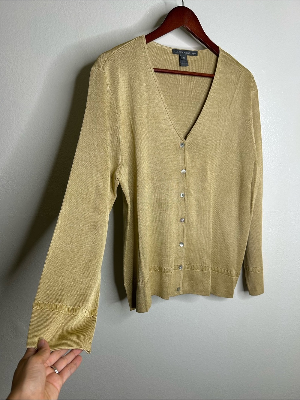 Saks Fifth Avenue 100% Silk Knit Textured Gold Tan Button Down Cardigan Sweater